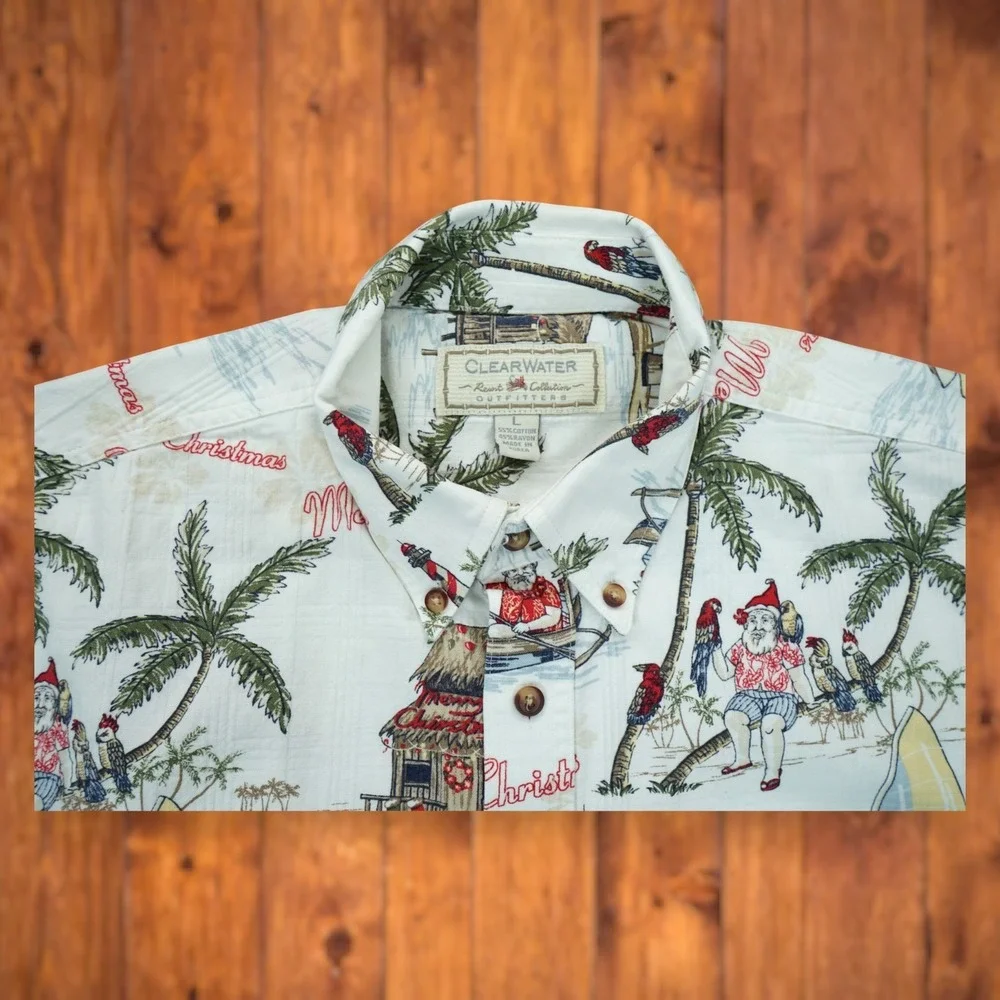Clearwater Mens Santa Print Button Shirt Short Sleeve Large Nautical Vacation‎